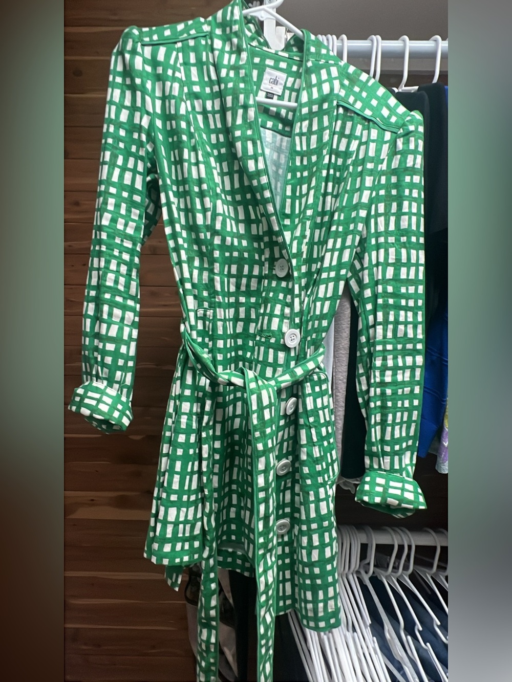 CAbi Green and White Checked Belted Long-Sleeve Dress